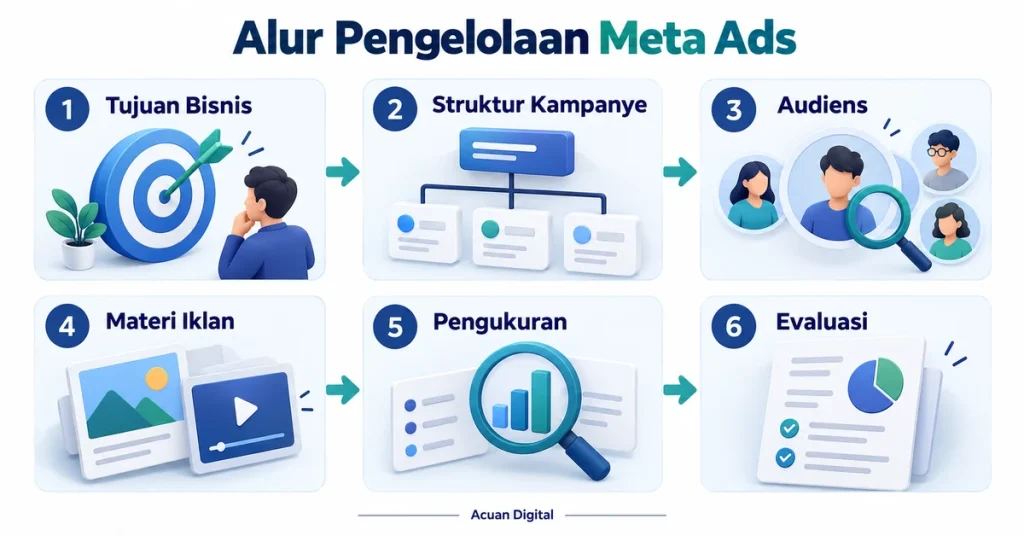 Infografis alur pengelolaan Meta Ads melalui tujuan bisnis, struktur kampanye, audiens, materi iklan, pengukuran, serta evaluasi.