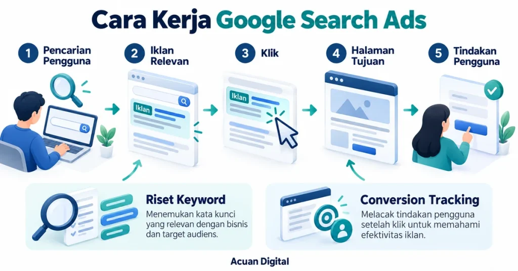 Infografis cara kerja Google Search Ads melalui pencarian pengguna, iklan relevan, klik, halaman tujuan, serta tindakan pengguna.