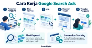 Infografis cara kerja Google Search Ads melalui pencarian pengguna, iklan relevan, klik, halaman tujuan, serta tindakan pengguna.