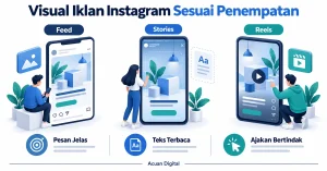 Infografis penyesuaian visual iklan Instagram pada Feed, Stories, serta Reels dengan pesan jelas dan teks terbaca.