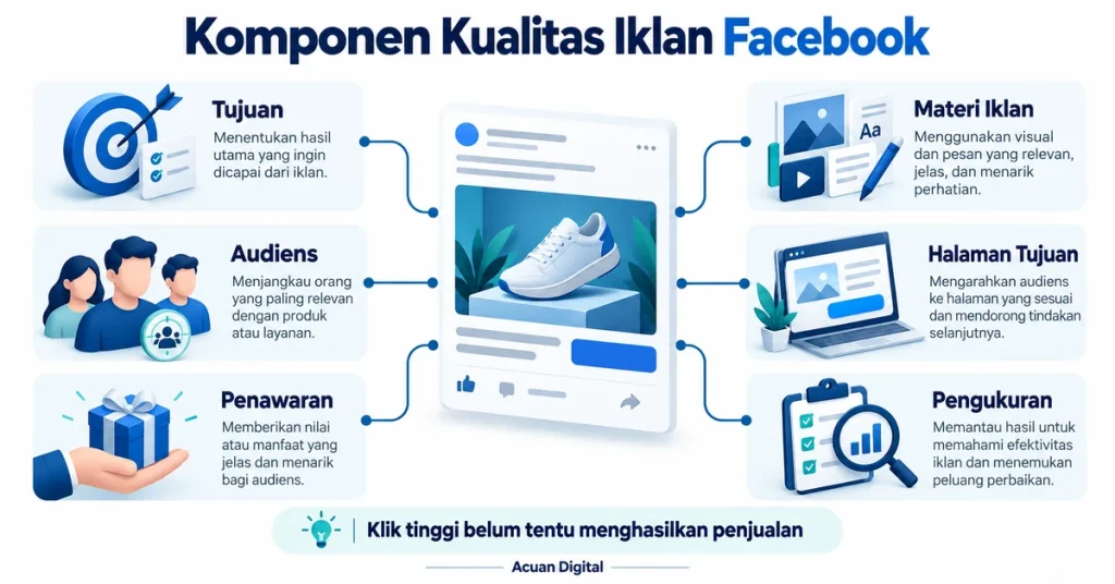 Infografis komponen kualitas iklan Facebook meliputi tujuan, audiens, penawaran, materi iklan, halaman tujuan, serta pengukuran.