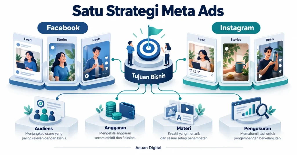 Infografis strategi Meta Ads pada Facebook serta Instagram dengan audiens, anggaran, materi, serta pengukuran bersama.