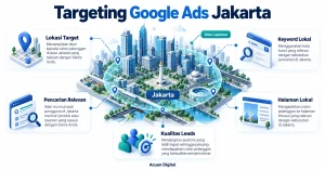 Infografis targeting Google Ads Jakarta melalui area layanan, keyword lokal, pencarian relevan, halaman lokal, serta kualitas leads.