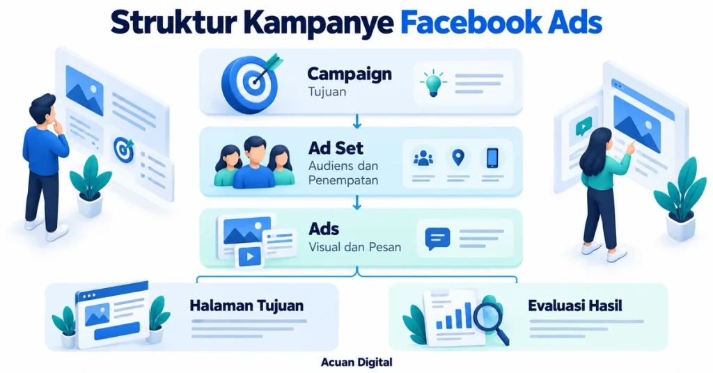 Infografis struktur kampanye Facebook Ads meliputi campaign, ad set, ads, halaman tujuan, serta evaluasi hasil.