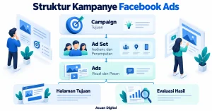 Infografis struktur kampanye Facebook Ads meliputi campaign, ad set, ads, halaman tujuan, serta evaluasi hasil.