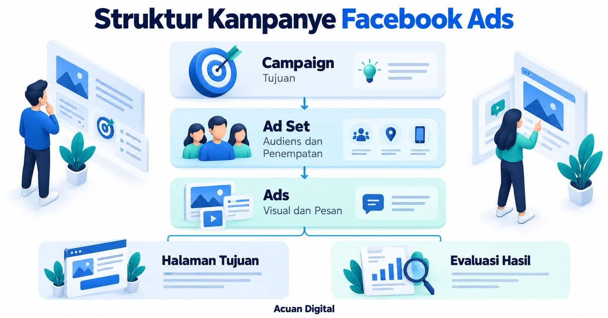 Infografis struktur kampanye Facebook Ads meliputi campaign, ad set, ads, halaman tujuan, serta evaluasi hasil.